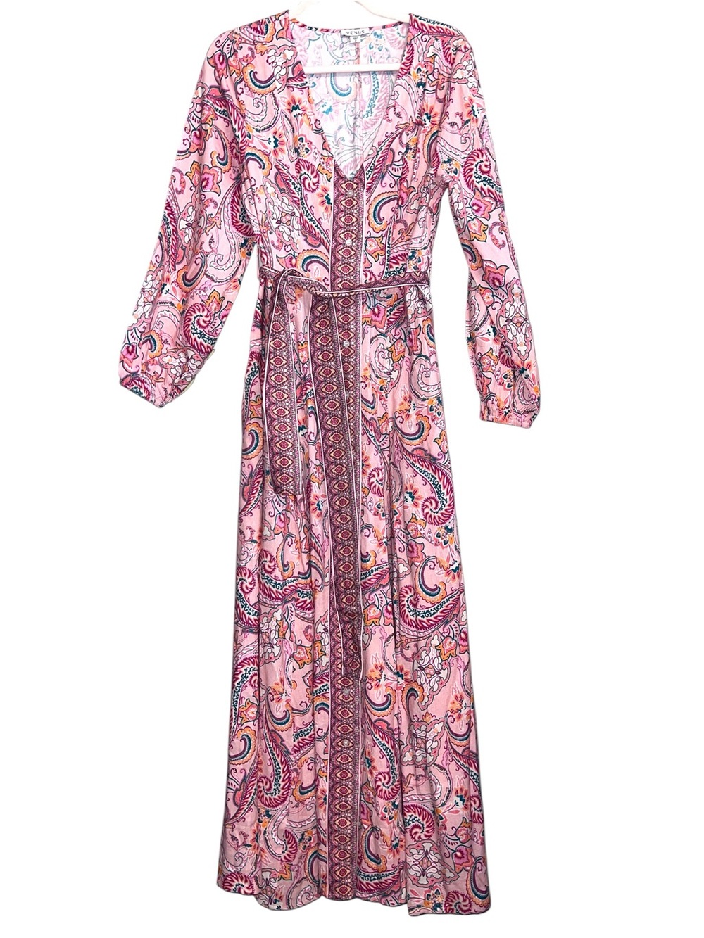 Venus Paisley Maxi Dress Pink Boho Tie Waist Long Sleeve Size 2 NWT